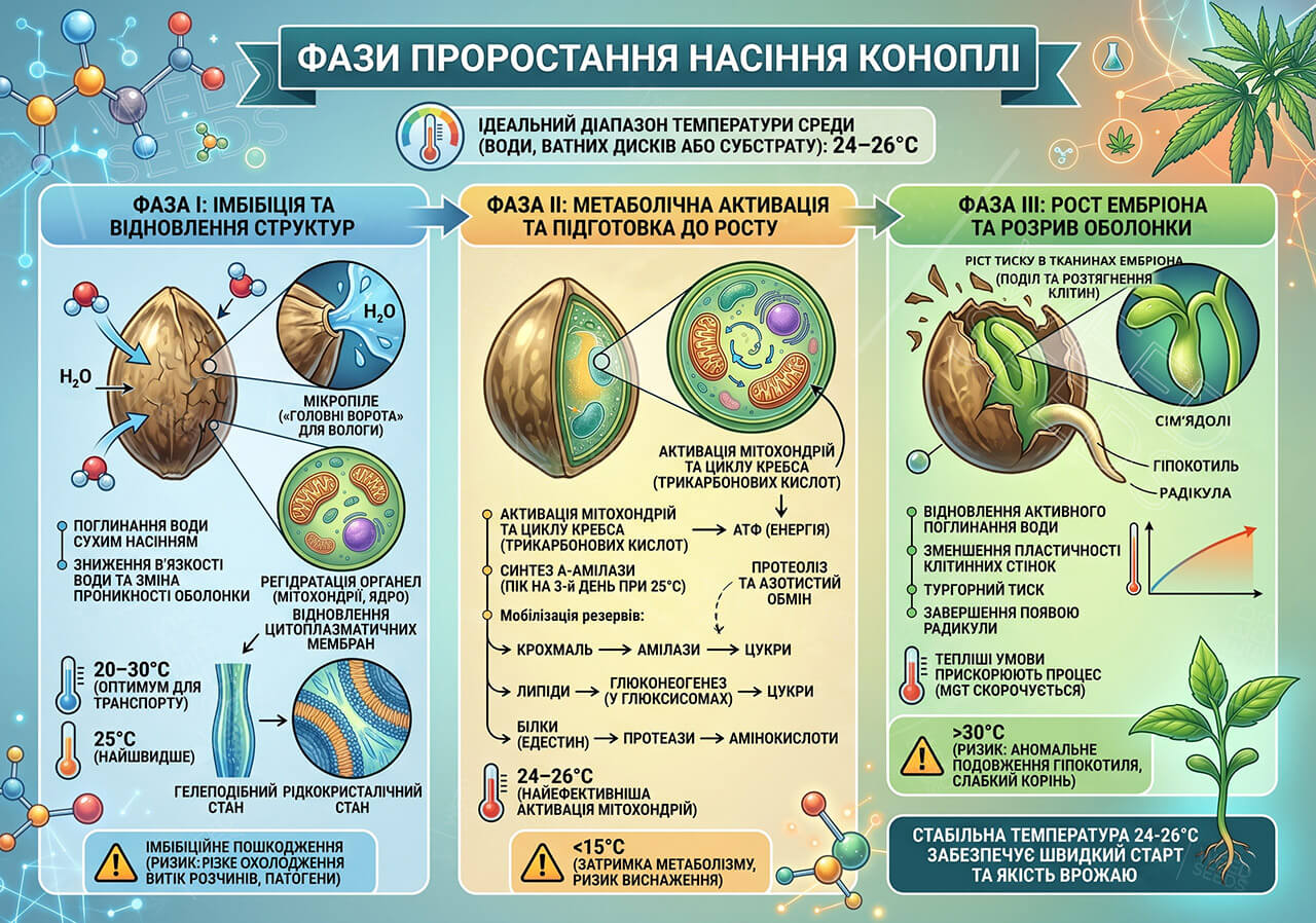 Инфографика трех фаз прорастания семян конопли: имбибиция (поглощение воды), метаболическая активация при 24–26°C и рост эмбриона с разрывом оболочки. Указаны температурные оптимумы и риски переохлаждения или перегрева