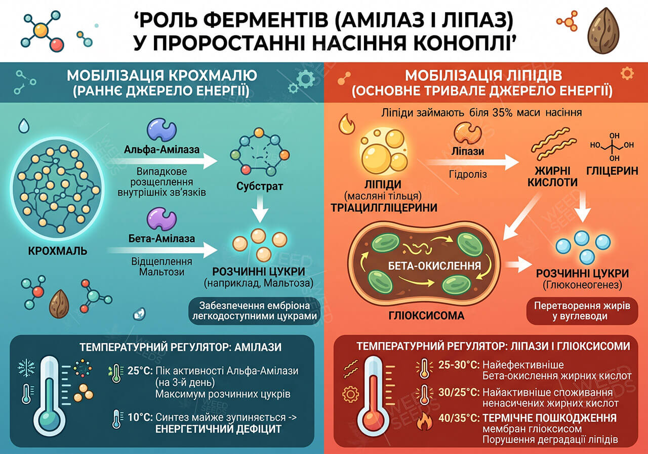 Биохимическая роль ферментов в проращивании. Описана мобилизация крахмала амилазами и липидов липазами в глиоксисомах. Пик активности ферментов указан при 25–30°C, при 10°C наступает энергетический дефицит