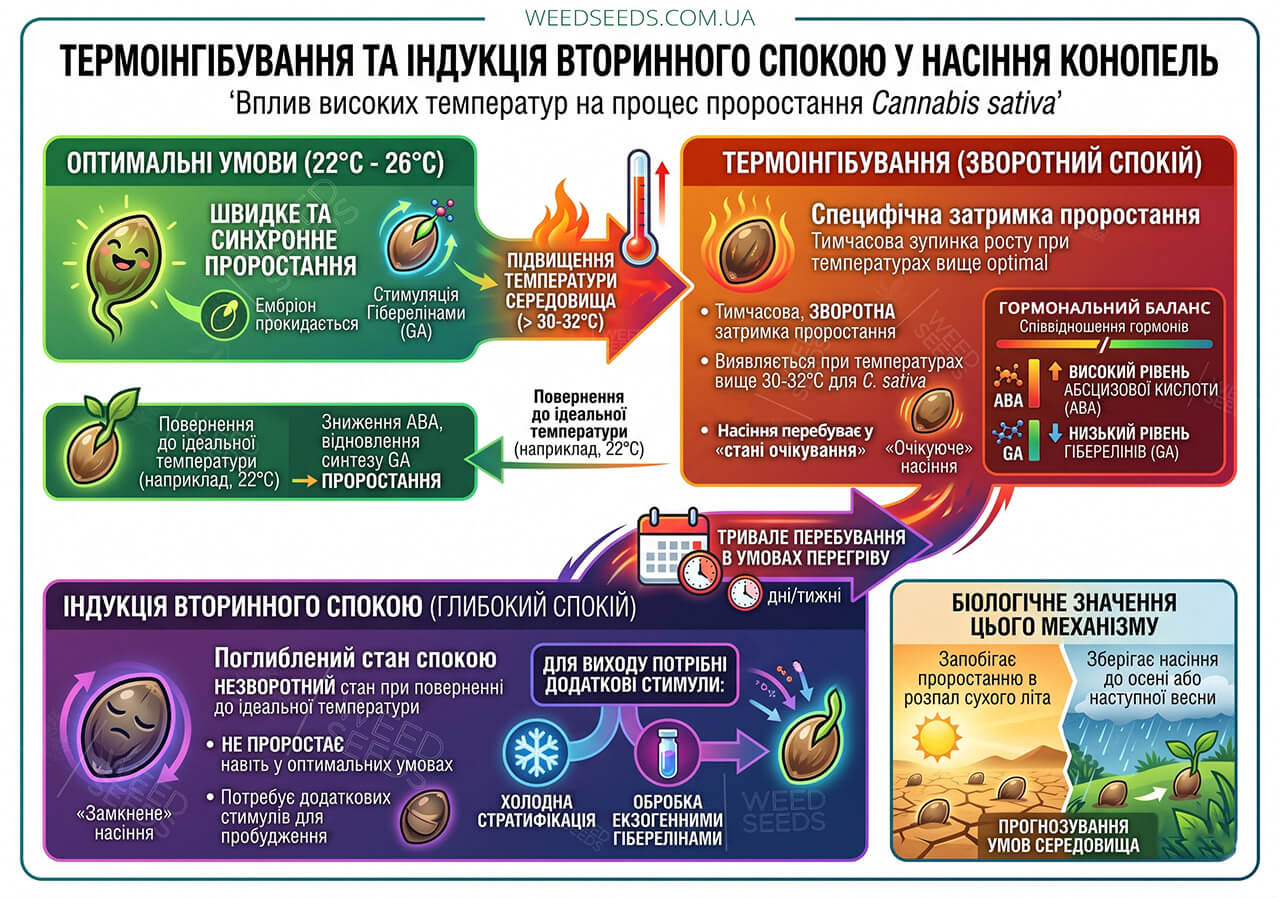 Схема механизмов термоингибирования семян конопли. Показано, как при температуре выше 30–32°C семена переходят в состояние «ожидания» или глубокого вторичного покоя из-за нарушения баланса гормонов АБК и гиббереллинов