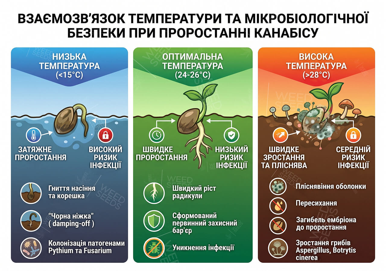 Сравнение рисков инфекций при разных температурах проращивания. Низкая (<15°C) ведет к «черной ножке», оптимальная (24–26°C) обеспечивает быстрый рост и защиту, высокая (>28°C) провоцирует рост плесени Botrytis и гибель эмбриона