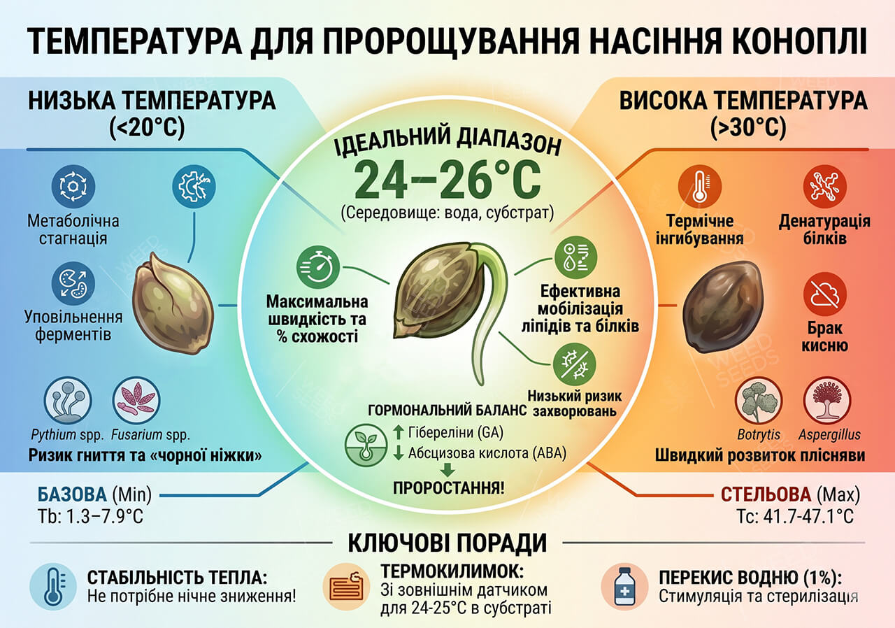 Сводная схема влияния температуры на проращивание конопли. Идеальный диапазон — 24–26°C. Описаны риски низких температур (гниение, грибки Pythium) и высоких (термическое ингибирование, денатурация белков, плесень Aspergillus)